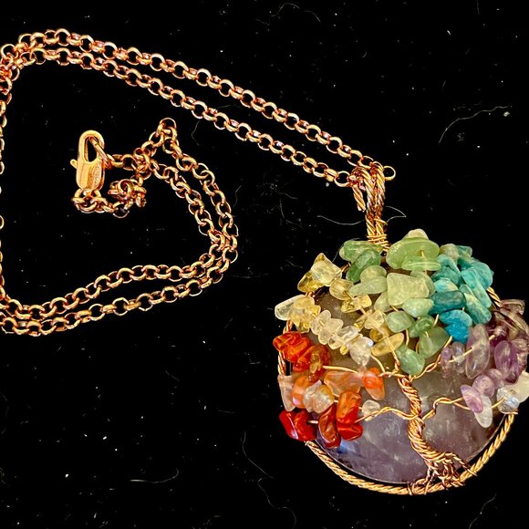 Chakra Tree of Life - Copper, Crystals on Round Fluorite with 18" Chain - Picture 4 of 4
